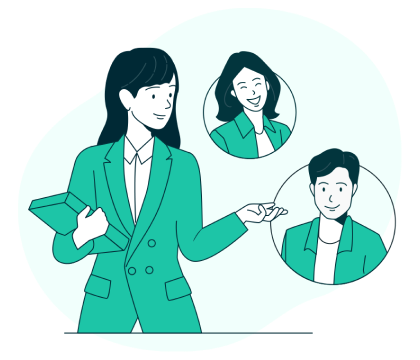 An illustration of a recruiter holding a book gesturing towards two students in abstract bubbles